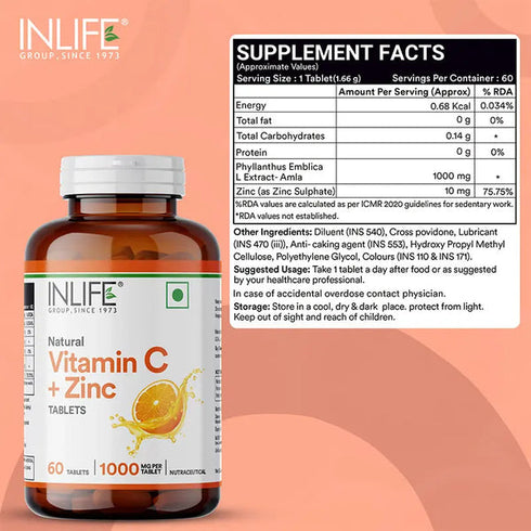 Inlife Natural Vitamin C + Zinc Tablets