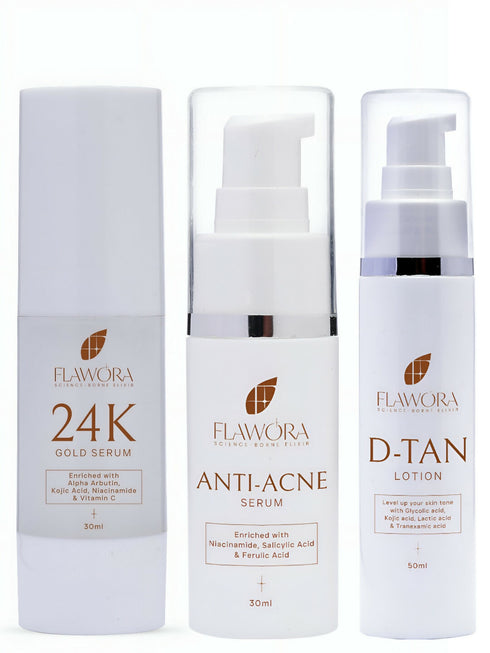 Flawora D-Tan Lotion|Anti Acne Serum And Gold Face Serum Combo