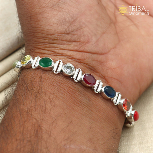925 Sterling Silver Stylish Navratan Stone Bracelet Unisex Jewelry