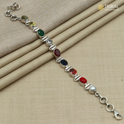 925 Sterling Silver Stylish Navratan Stone Bracelet Unisex Jewelry