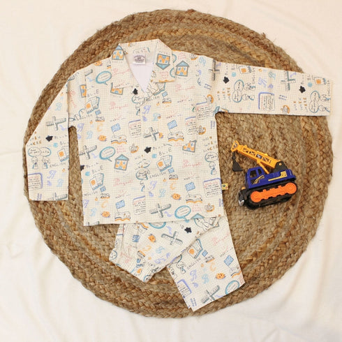 Bachpan kids wear New Born Whimsical Doodle Sketch With Yellow Strips Cotton Night Suit