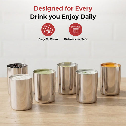 Vinod Stainless Steel Amrapali Glass Set of 6 250 ml with Highest Grade Steel Mirror Finish Strong and Tough Dishwasher Safe and Rust Free