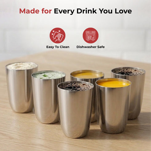 Vinod Stainless Steel Passion Glass Set of 6 300 ml with Highest Grade Steel Mirror Finish Long Lasting and Durable Dishwasher Safe