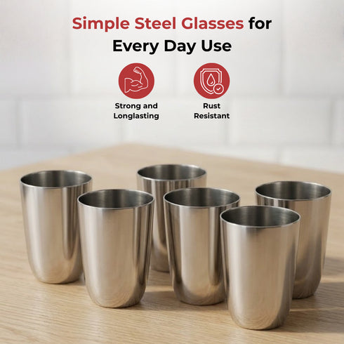 Vinod Stainless Steel Passion Glass Set of 6 300 ml with Highest Grade Steel Mirror Finish Long Lasting and Durable Dishwasher Safe