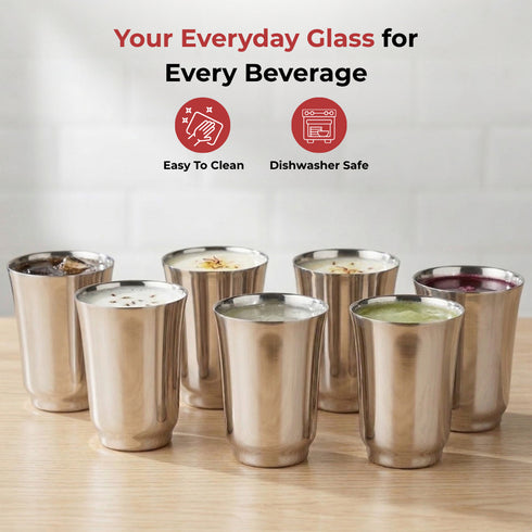Vinod Stainless Steel Sheetal Glass Set of 6 300 ml with Highest Grade Stainless Steel Tough and Strong Rust Free and Dishwasher Safe