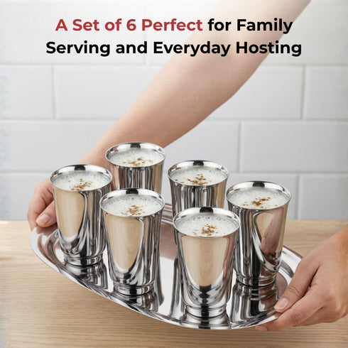 Vinod Stainless Steel Sheetal Glass Set of 6 300 ml with Highest Grade Stainless Steel Tough and Strong Rust Free and Dishwasher Safe