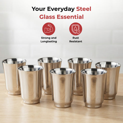 Vinod Stainless Steel Sheetal Glass Set of 6 300 ml with Highest Grade Stainless Steel Tough and Strong Rust Free and Dishwasher Safe