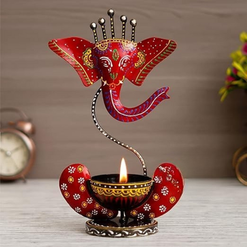 Handpainted Ganesha Metal Tealight Candle Holder