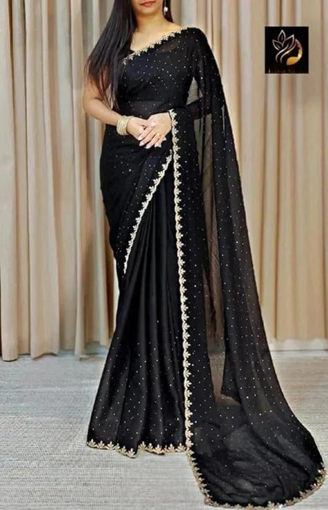 Vasthrlay Dailywear Black Georgette Stone Work Saree with Border | All-Over Stone Embellishments