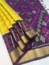 Prakruthi Swarnam Bright Yellow with Purple Double Warp Handloom Pochampally Ikkat Deisgn with Tie and Dye Concept Handloom Soft Silk Saree