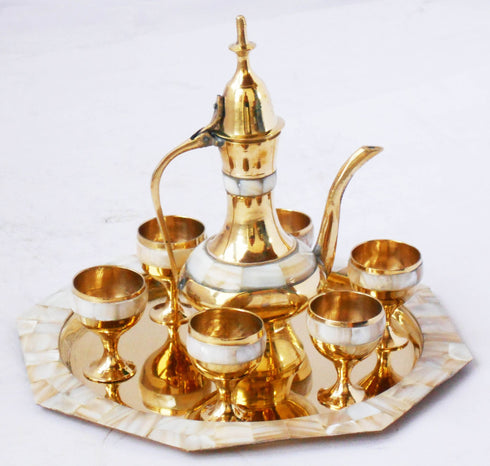 Brass Wine Set With 6 Glass 1 Surahi 1 Tray 0.14Kg