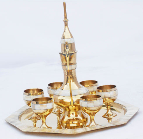 Brass Wine Set With 6 Glass 1 Surahi 1 Tray 0.24Kg