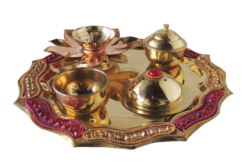 Brass Pooja Thali Fancy Pink Stone 0.22Kg