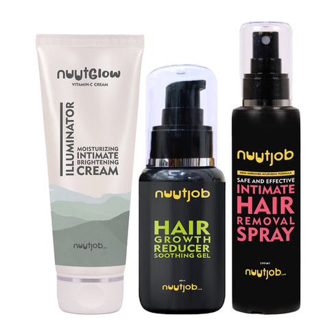 Nuutjob Complete Hair Removal Care Kit | Hair Removal Spray Ayurvedic Formulation + Intimate Brightening cream + Hair Reducer Gel | 260 ml combo pack