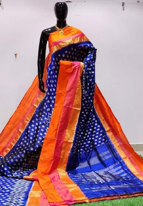 Ikkat Silk Blue With Orange Color Saree
