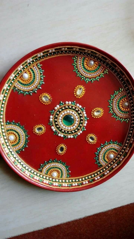 Designer Pooja Plate with Green Studs