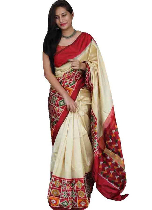 Cream With Maroon Color Ikkat Silk Saree