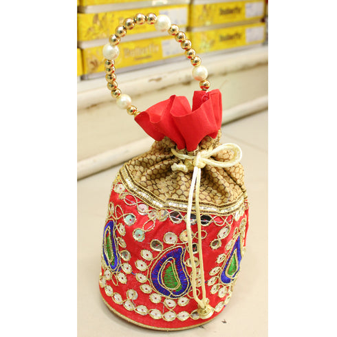 Red Designer Mirror Work Potli Bag