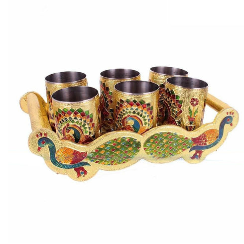 Minakari Peacock Tray Set With 6 Glass - 1200gms