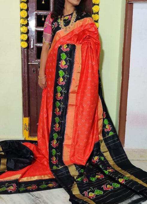 Ikkat Silk Orange With Black Color Saree