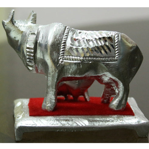 White Metal Silver Kamdhenu Cow And Calf