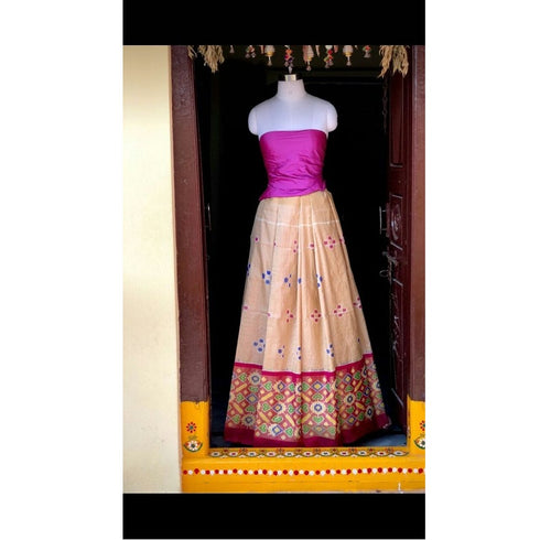 Pochampally Ikkat Cream Lehenga And Pink Border