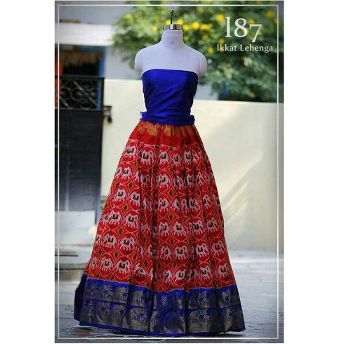 Pochampally Ikkat Red Lehenga With Blue Borders