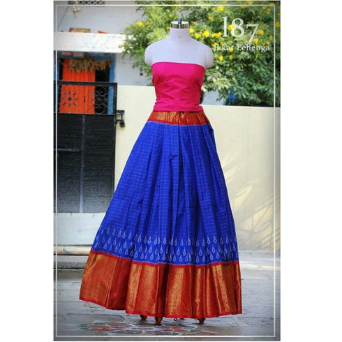 Pochampally Ikkat Blue Lehenga With Pink Border