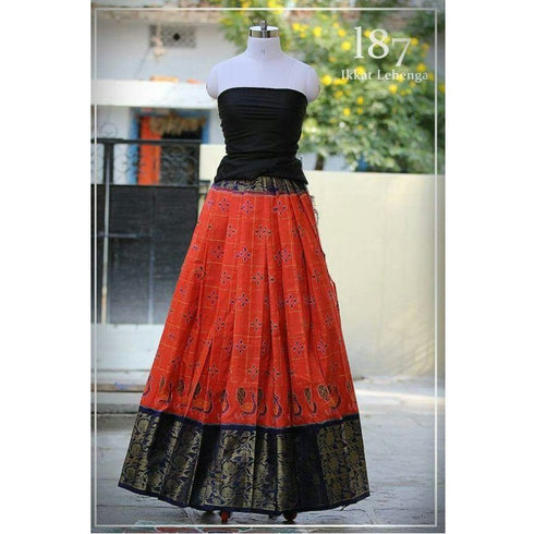 Pochampally Ikkat Orange With Black Border Lehenga