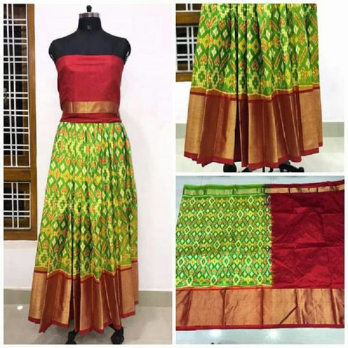 Pochampally Ikkat Parrot Green Lehenga With Red Border