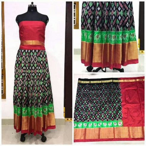 Pochampally Ikkat Black Lehenga With Red Border