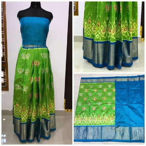Pochampally Ikkat Parrot Green Lehenga With Sky Blue Border