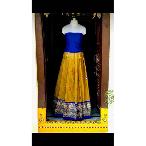 Pochampally Ikkat Yellow With Dark Blue Border Lehenga