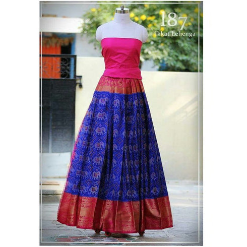 Pochampally Ikkat Dark Blue With Pink Border Lehenga