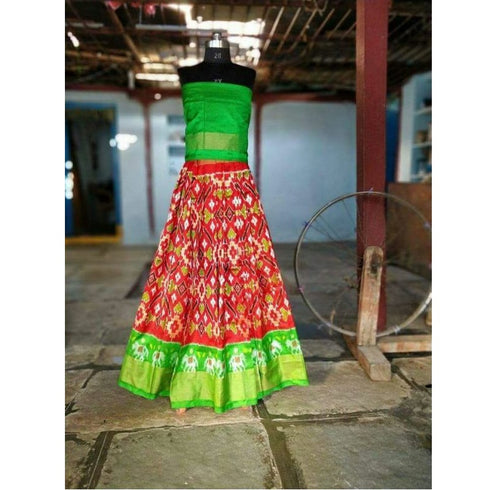 Pochampally Ikkat Red Lehenga With Parrot Green Border