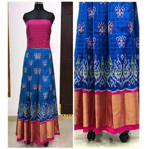 Pochampally Ikkat Blue With Pink Color Border Lehenga