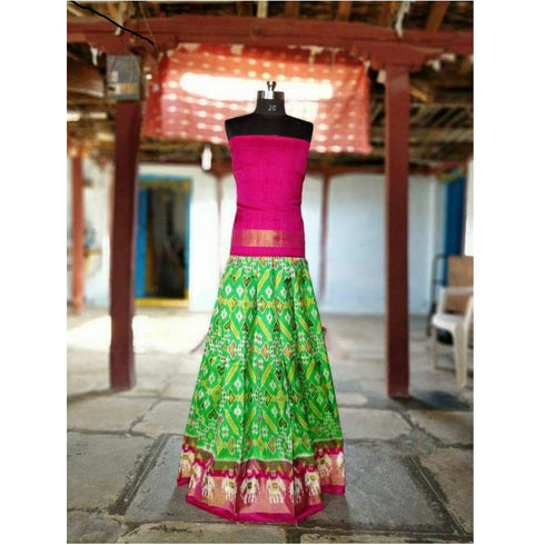 Pochampally Ikkatt Green With Pink Border Lehenga