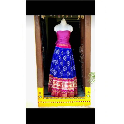 Pochampally Ikkat Dark Blue Color With Pink Border Lehenga