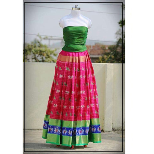 Pochampally Ikkat Pink Lehenga With Green Border
