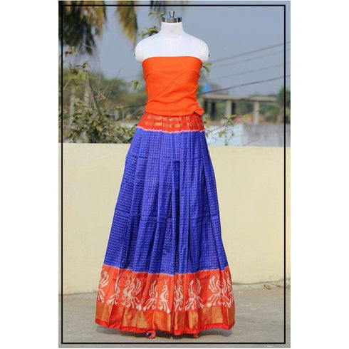 Pochampally Ikkat Dark Blue Lehenga With Orange Color Border