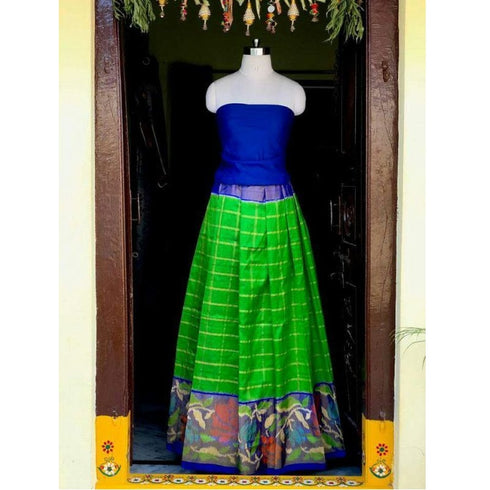 Pochampally Ikkat Parrot Green Lehenga With Blue Color Border