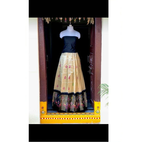 Pochampally Ikkat Cream Lehenga With Black Border