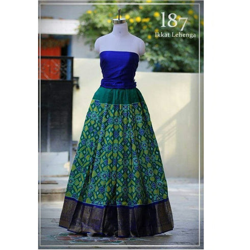 Pochampally Ikkat Rama Green Lehenga With Blue Border