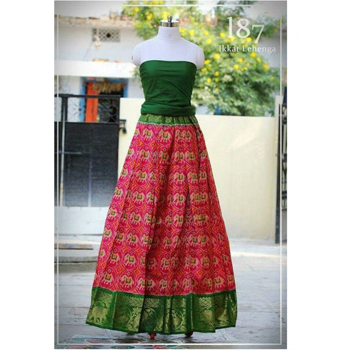 Pochampally Ikkat Pink Lehenga With Mehandi Green Border