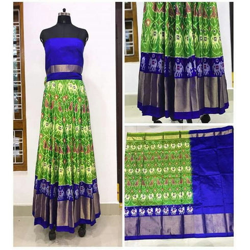 Pochampally Ikkat Green Lehenga With Dark Blue Border