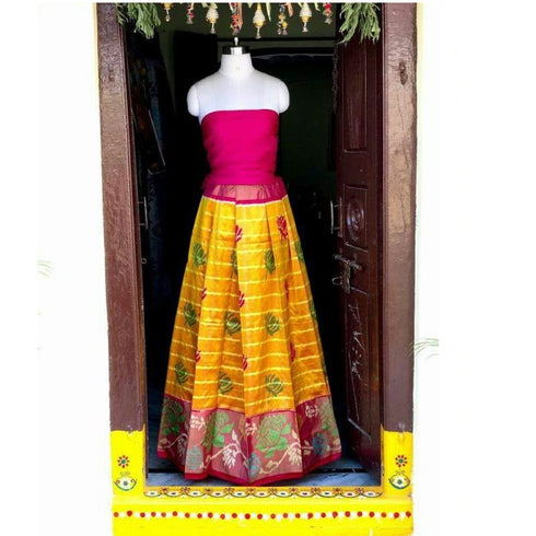 Pochampally Ikkat Yellow Color Lehenga With Pink Border