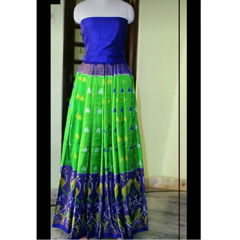 Pochampally Ikkat Parrot Green Lehenga With Blue Border