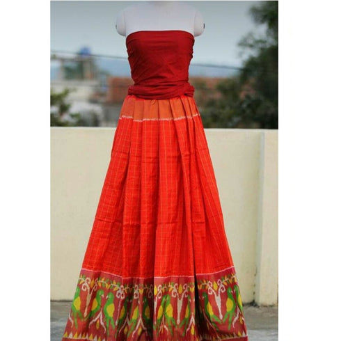 Pochampally Ikkat Orange Lehenga With Maroon Border