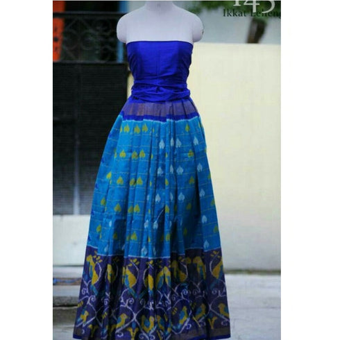 Pochampally Ikkat Sky Blue Lehenga With Dark Blue Border