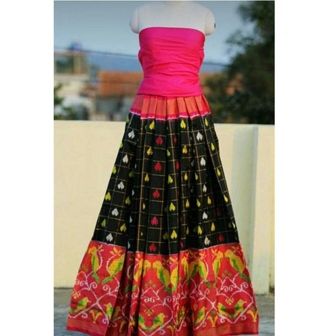 Pochampally Ikkat Black Lehenga And Pink Border